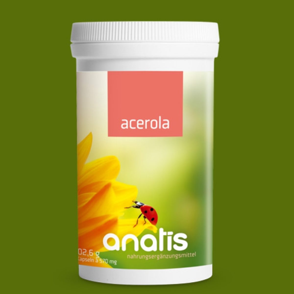 Weiße Dose mit grün‑gelbem Etikett und dem Produktnamen ‚acerola‘ der Marke anatis – Nahrungsergänzungsmittel mit natürlichem Vitamin C aus Acerola‑Kirschen, auf dem Etikett ist eine gelbe Blüte mit einem Marienkäfer abgebildet.