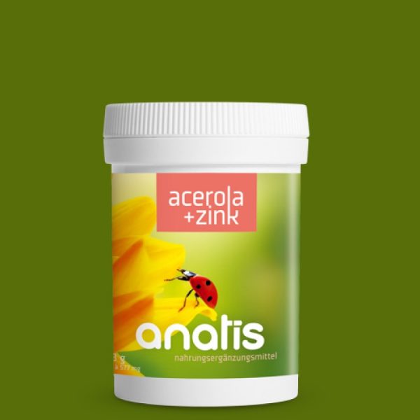 Weiße Dose mit grün‑gelbem Etikett für das Nahrungsergänzungsmittel ‚Acerola + Zink‘ der Marke anatis, mit deutlich lesbarem Produktnamen oben und einem Marienkäfer, der auf einer gelben Blüte sitzt.