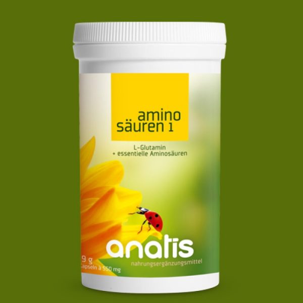 Produktabbildung einer Dose Aminosäuren 1 von Anatis – weiße Zuckerrohr‑Dose mit farbigem Etikett, auf dem ‚aminosäuren 1‘ steht und die Dose mit Produktgrafik und Textinformationen präsentiert wird.