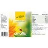 Produktetikett des Nahrungsergänzungsmittels ‚Aminosäuren 1‘ von Anatis: farbiges Design mit gelber Blume und Marienkäfer, Produktname ‚aminosäuren 1‘, Inhaltsstoffe wie L‑Glutamin und essentielle Aminosäuren, sowie Angaben zur Tagesdosis und Einnahmeempfehlung.