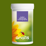Weiße Zuckerrohr‑Dose mit grünem Etikett und dem Produktnamen ‚baikal helmkraut + andrographis‘ der Marke anatis; auf dem Etikett ist eine gelbe Blüte mit einem Marienkäfer abgebildet.