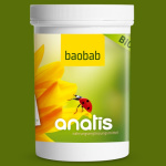 Weiße Dose mit grün‑gelbem Etikett der Marke anatis, darauf der Schriftzug ‚baobab‘ und ein gelbes Pflanzen‑/Blütenmotiv mit einem Marienkäfer – Produktbild des anatis Baobab BIO Nahrungsergänzungsmittels.