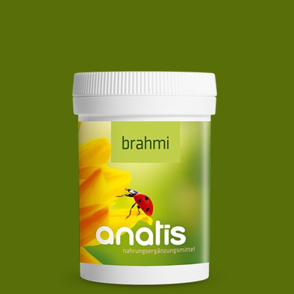 Weiße Dose mit grün‑gelbem Etikett der Marke anatis und dem Schriftzug ‚brahmi‘, verziert mit einer gelben Blüte und einem Marienkäfer – Produktbild für anatis Brahmi‑Kapseln, ein Nahrungsergänzungsmittel mit Brahmi‑Extrakt.