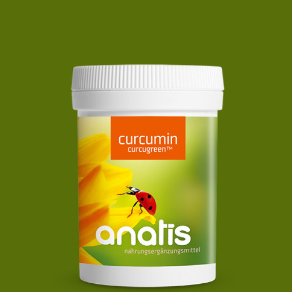 Weißer Zuckerrohr‑Behälter mit Schraubdeckel und farbigem Etikett des Nahrungsergänzungsmittels ‚Curcumin Curcugreen™‘ von anatis; das Etikett zeigt den Schriftzug ‚curcumin curcugreen™‘ und ein gelbes Blütenmotiv mit einem Marienkäfer, daneben das anatis‑Logo.