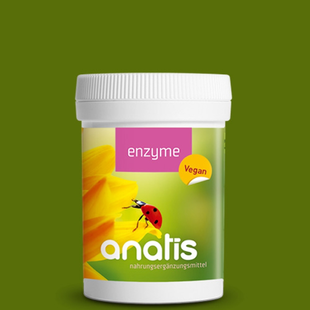 Weißer Zuckerrohr‑Behälter mit Schraubdeckel und farbigem Etikett ‚enzyme vegan anatis nahrungsergänzungsmittel‘; auf dem Etikett ist eine gelbe Blüte mit einem roten Marienkäfer zu sehen.