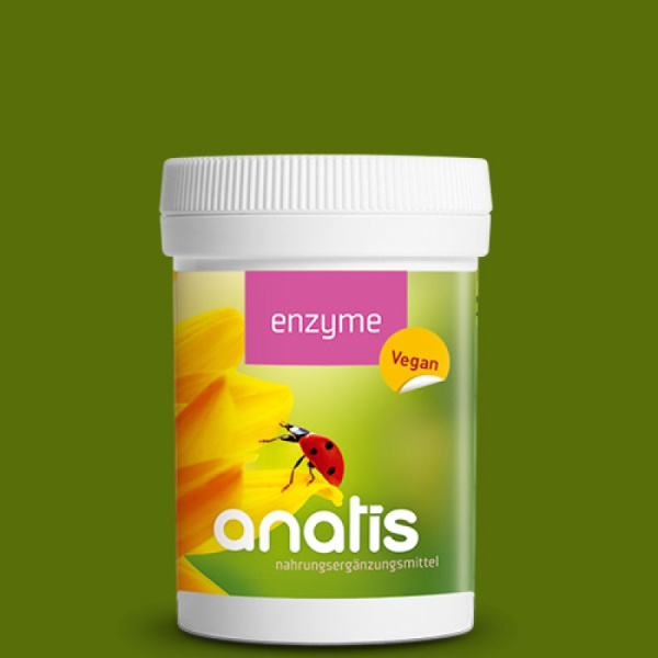 Weißer Zuckerrohr‑Behälter mit Schraubdeckel und farbigem Etikett ‚enzyme vegan anatis nahrungsergänzungsmittel‘; auf dem Etikett ist eine gelbe Blüte mit einem roten Marienkäfer zu sehen.