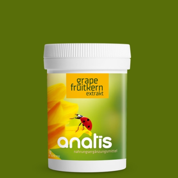 Weißer Zuckerrohr‑Behälter mit Schraubdeckel und grün‑gelbem Etikett, auf dem ‚grape fruitkern extrakt‘ und das Logo ‚anatis nahrungsergänzungsmittel‘ stehen; im Vordergrund des Etiketts ist eine gelbe Blüte mit einem roten Marienkäfer abgebildet.