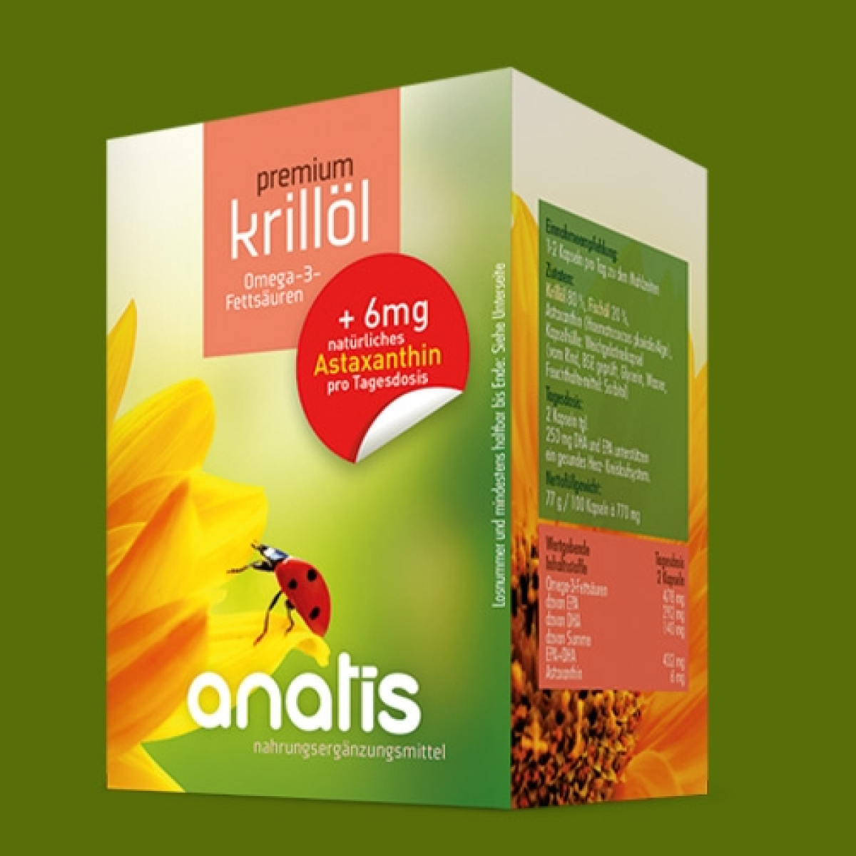 Produktverpackung des anatis premium Krillöl Nahrungsergänzungsmittels: Eine grün‑orange Verpackung mit dem Produktnamen premium krillöl Omega‑3‑Fettsäuren, dem Markenlogo anatis, Angaben zu Astaxanthin, sowie einer Illustration eines Marienkäfers auf einer gelben Blüte.