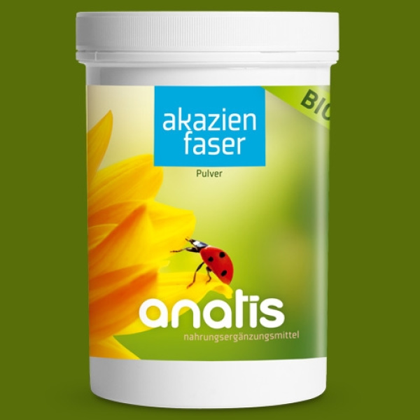 Produktabbildung eines Akazienfaser‑BIO‑Pulvers von Anatis: weiße Dose mit grün‑gelbem Etikett, deutliches ‚akazienfaser‘‑Label, Anatis‑Logo und Sonnenblumen‑Grafik mit einem Marienkäfer darauf.