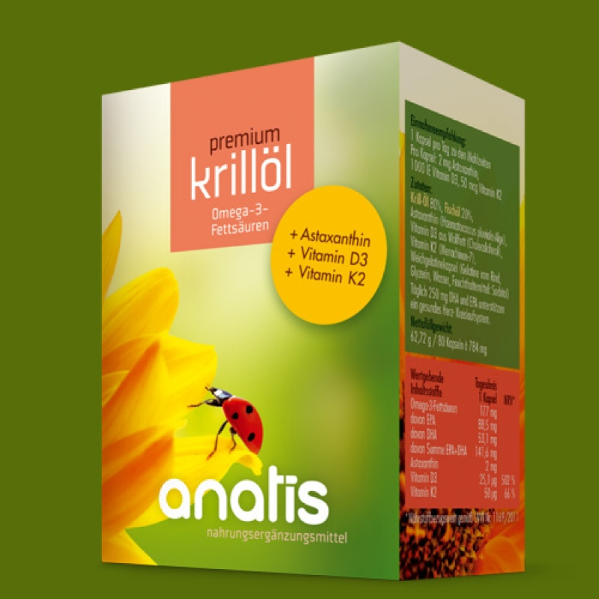 Produktverpackung des anatis premium Krillöl Nahrungsergänzungsmittels: Eine grün‑orange Verpackung mit dem Produktnamen premium krillöl Omega‑3‑Fettsäuren, dem Markenlogo anatis, Angaben zu Astaxanthin, Vitamin D3 und Vitamin K2 sowie einer Illustration eines Marienkäfers auf einer gelben Blüte.