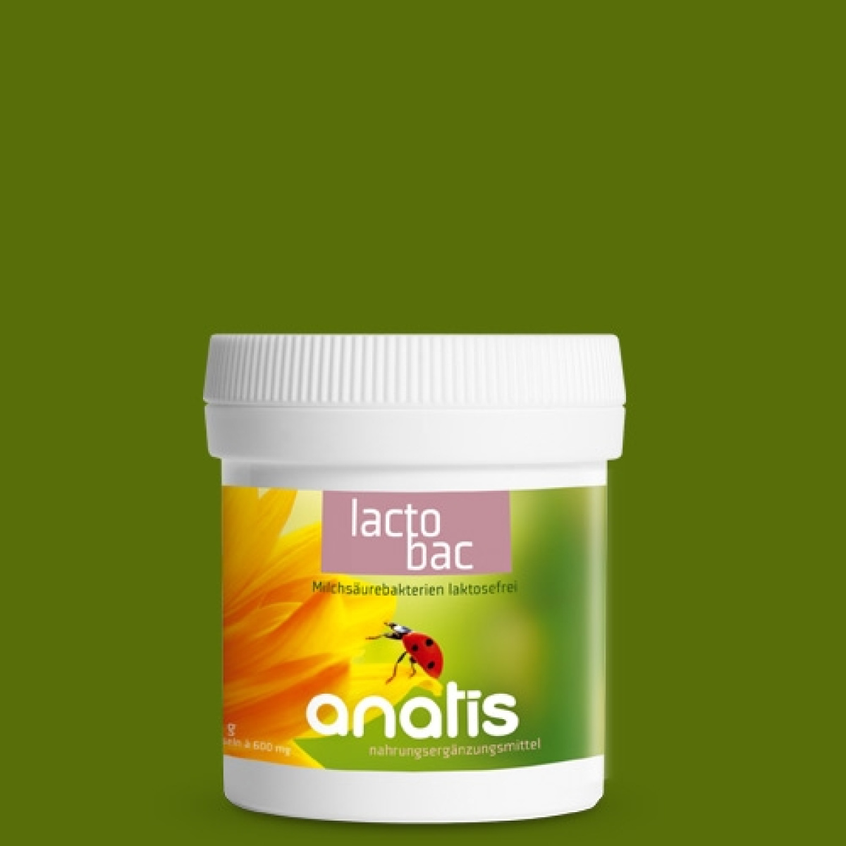 Fotografie der Produktverpackung des Nahrungsergänzungsmittels anatis Lactobac Darmbakterien, laktosefreie Milchsäurebakterien in einer Dose mit 60 Kapseln, mit Produktname, Markenschriftzug und typischen Design-Elementen der anatis-Verpackung.