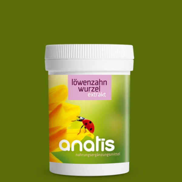 Weißer Zuckerrohr‑Behälter mit grün‑gelbem Etikett des Nahrungsergänzungsmittels ‚anatis Löwenzahnwurzel‑Extrakt‘, auf dem das Produktname‑Label ‚löwenzahn wurzel extrakt‘ über einem Bild einer gelben Blüte und einem kleinen roten Marienkäfer steht.