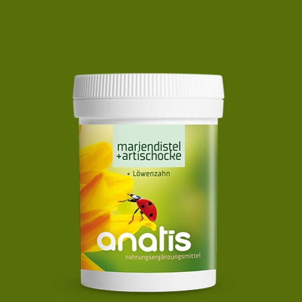 Weißer Kunststoff‑Behälter mit grün‑gelbem Etikett des Nahrungsergänzungsmittels ‚anatis mariendistel + artischocke + löwenzahn‘; auf dem Etikett ist eine große gelb‑orange Blüte und ein roter Marienkäfer zu sehen, dazu der Produktname ‚mariendistel + artischocke + löwenzahn anatis‘.