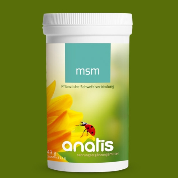 Produktverpackung eines Nahrungsergänzungsmittels der Marke anatis mit Text und grafischen Elementen, dargestellt auf weißem Hintergrund, zeigt die Vorderseite des Etiketts mit Produktname und Inhaltsinformationen.