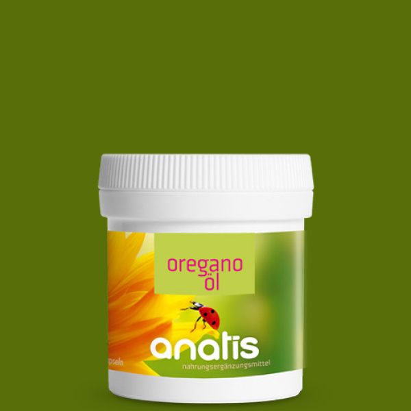 Weiße Dose mit grün‑gelbem Etikett ‚Oreganoöl‘ von Anatis, darauf ein stilisiertes Pflanzenmotiv und ein Marienkäfer – Produktverpackung eines Nahrungsergänzungsmittels mit Oreganoöl