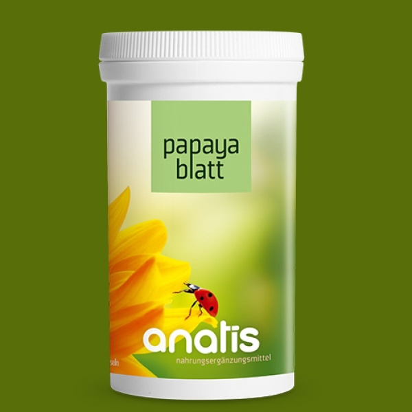 Weiße Dose mit grün‑gelbem Etikett ‚Papayablatt‘ von Anatis, mit stilisierter gelber Blüte und Marienkäfer – Produktverpackung eines Nahrungsergänzungsmittels
