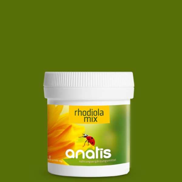 Weiße Dose mit Produktetikett ‚Rhodiola Mix‘ von Anatis, gelb‑grün gestaltet mit einer stilisierten Blüte und einem Marienkäfer auf dem Etikett – Produktverpackung eines Nahrungsergänzungsmittels