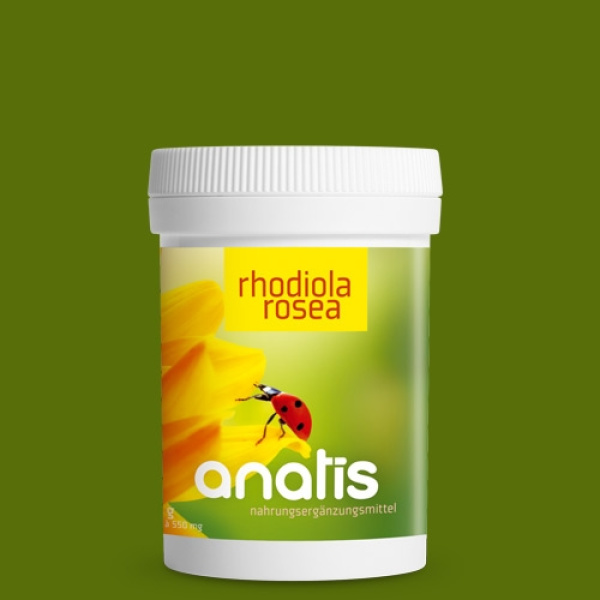 Weiße Dose des Nahrungsergänzungsmittels ‚anatis Rhodiola rosea‘ mit grünem Etikett, gelber Blüten‑Illustration und einem roten Marienkäfer vor einfarbig grünem Hintergrund.