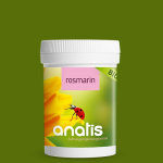 Weiße Dose des Nahrungsergänzungsmittels ‚anatis Rosmarin BIO‘ mit grünem Etikett, darauf der Markenname ‚anatis‘, ein gelbes Blütenmotiv und ein roter Marienkäfer vor einfarbig grünem Hintergrund.