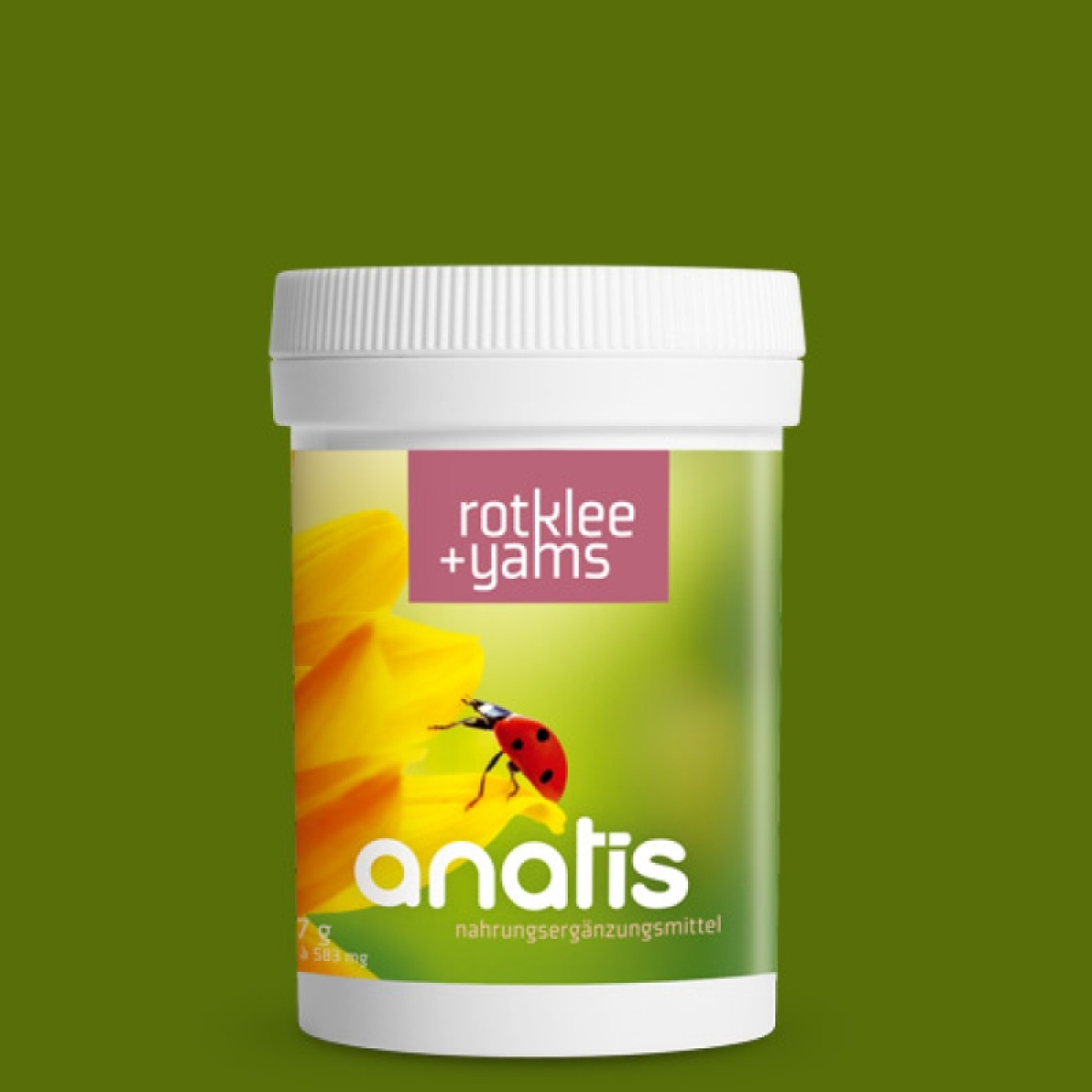 Weiße Dose des Nahrungsergänzungsmittels ‚anatis Rotklee + Yams‘ mit grünem Etikett, einem gelben Blütenmotiv und einem roten Marienkäfer vor einfarbig grünem Hintergrund.