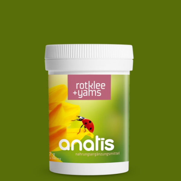 Weiße Dose des Nahrungsergänzungsmittels ‚anatis Rotklee + Yams‘ mit grünem Etikett, einem gelben Blütenmotiv und einem roten Marienkäfer vor einfarbig grünem Hintergrund.