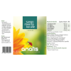 Produktetikett des Nahrungsergänzungsmittels „anatis Sango Meereskoralle + Vitamin K2“: Vorder‑ und Rückseite mit grünem Produktnamen, einer gelben Sonnenblume und einem Marienkäfer‑Motiv, Angaben zu Inhaltsstoffen, Dosierung, Herstellerangaben und einem Barcode.