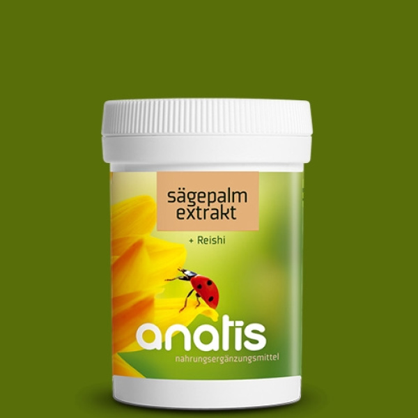 Weiße Dose des Nahrungsergänzungsmittels „anatis Sägepalm Extrakt + Reishi“ mit grünem Etikett, gelber Blüte und Marienkäfer‑Illustration vor grünem Hintergrund.