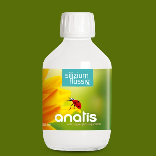 Glasflasche mit grün‑gelbem Etikett und Aufschrift ‚silizium flüssig‘ von Anatis Naturprodukte – Nahrungsergänzungsmittel mit illustrativem Marienkäfer auf einer gelben Blüte.