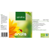Produktetikett eines Nahrungsergänzungsmittels ‚Spirulina BIO‘ von Anatis Naturprodukte: grüne und gelbe Gestaltung mit Blume und Marienkäfer, Angaben zu Inhaltsstoffen, Anwendungshinweisen, Bio‑Logo und Nährwerttabelle.
