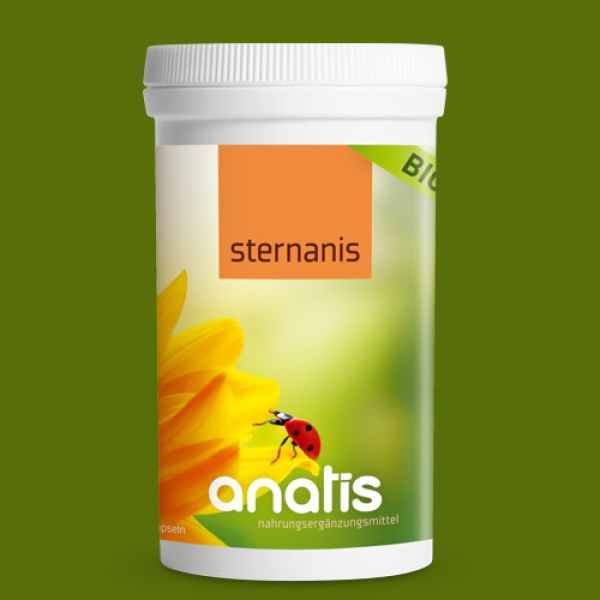 Weiße Dose des Nahrungsergänzungsmittels ‚Sternanis BIO‘ der Marke anatis mit grün‑orangefarbenem Etikett, einer gelben Blüte und einem Marienkäfer auf dem Vorderetikett vor einfarbig grünem Hintergrund.