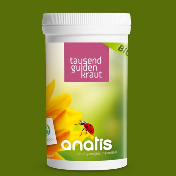 Weiße Dose des Nahrungsergänzungsmittels ‚Tausendguldenkraut BIO‘ von anatis mit grün‑gelbem Etikett, Sonnenblumen‑Motiv und einem Marienkäfer vor einfarbigem grünem Hintergrund.