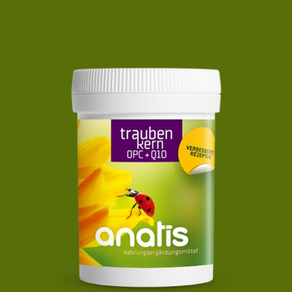 Weiß‑grüne Dose des Nahrungsergänzungsmittels ‚anatis Traubenkern OPC + Q10‘ mit gelbem Sonnenblumen‑Motiv und einem Marienkäfer auf dem Etikett vor einfarbigem grünem Hintergrund
