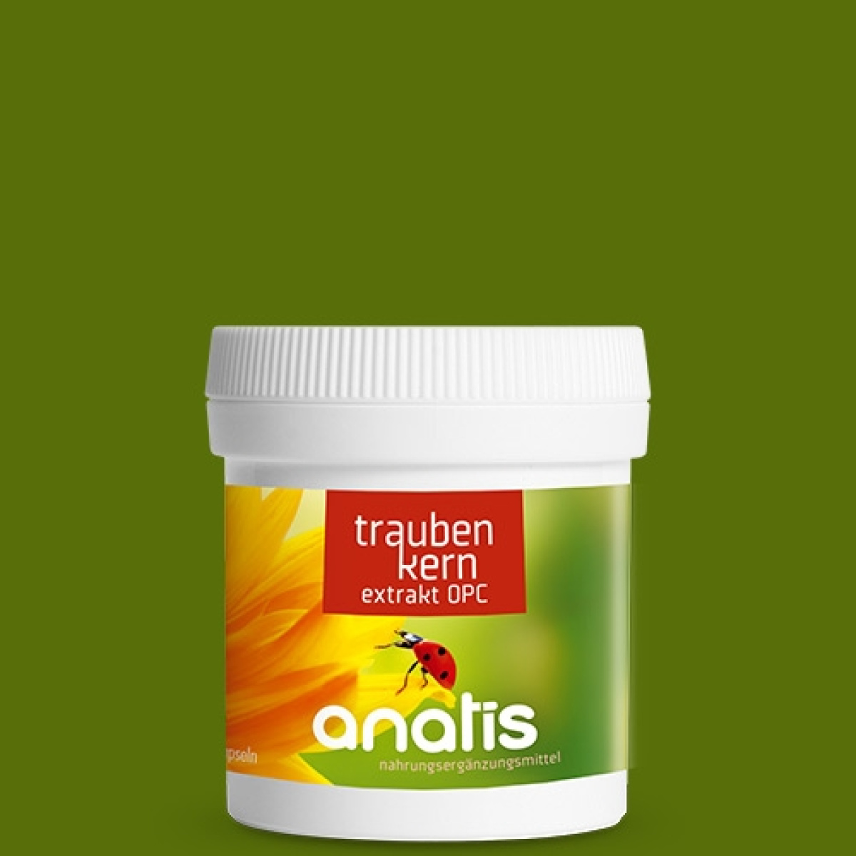 Weiße Zuckerrohr‑Dose mit grün‑gelbem Etikett des Nahrungsergänzungsmittels Anatis Traubenkernextrakt OPC, 60 Kapseln, mit Produktname, Markenlogo vor einfarbigem Hintergrund.
