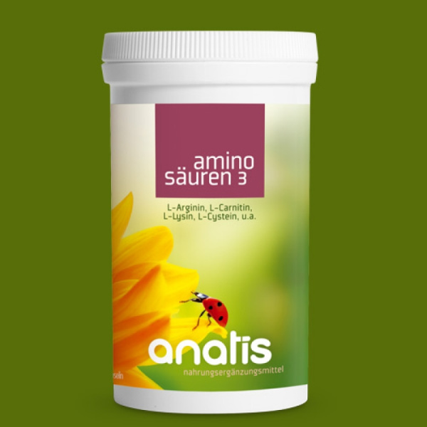 Weiße Dose mit grün‑gelbem Etikett der Marke anatis für das Nahrungsergänzungsmittel ‚Aminosäuren 3‘, darauf ein gelbes Blüten‑Motiv mit Marienkäfer und der Produktname ‚Aminosäuren 3‘ in farbigen Bereichen.
