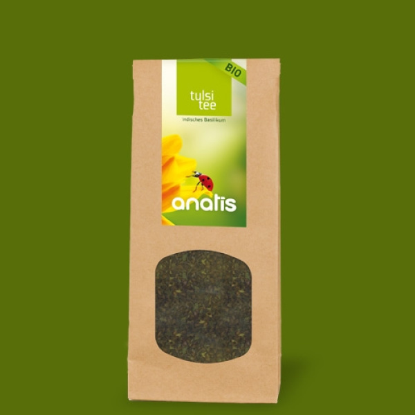 Packung Anatis Tulsi Tee BIO mit grün‑gelbem Etikett, darauf der Produktname ‚Tulsi Tee‘