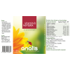 Produktetikett einer Dose mit Nahrungsergänzungsmitteln ‚Anatis Vitamin B-Komplex‘ aus Quinoakeimlingen, zeigt Produktname, Inhaltsstoffe und Nährwertangaben auf gelb‑grünem Hintergrund.
