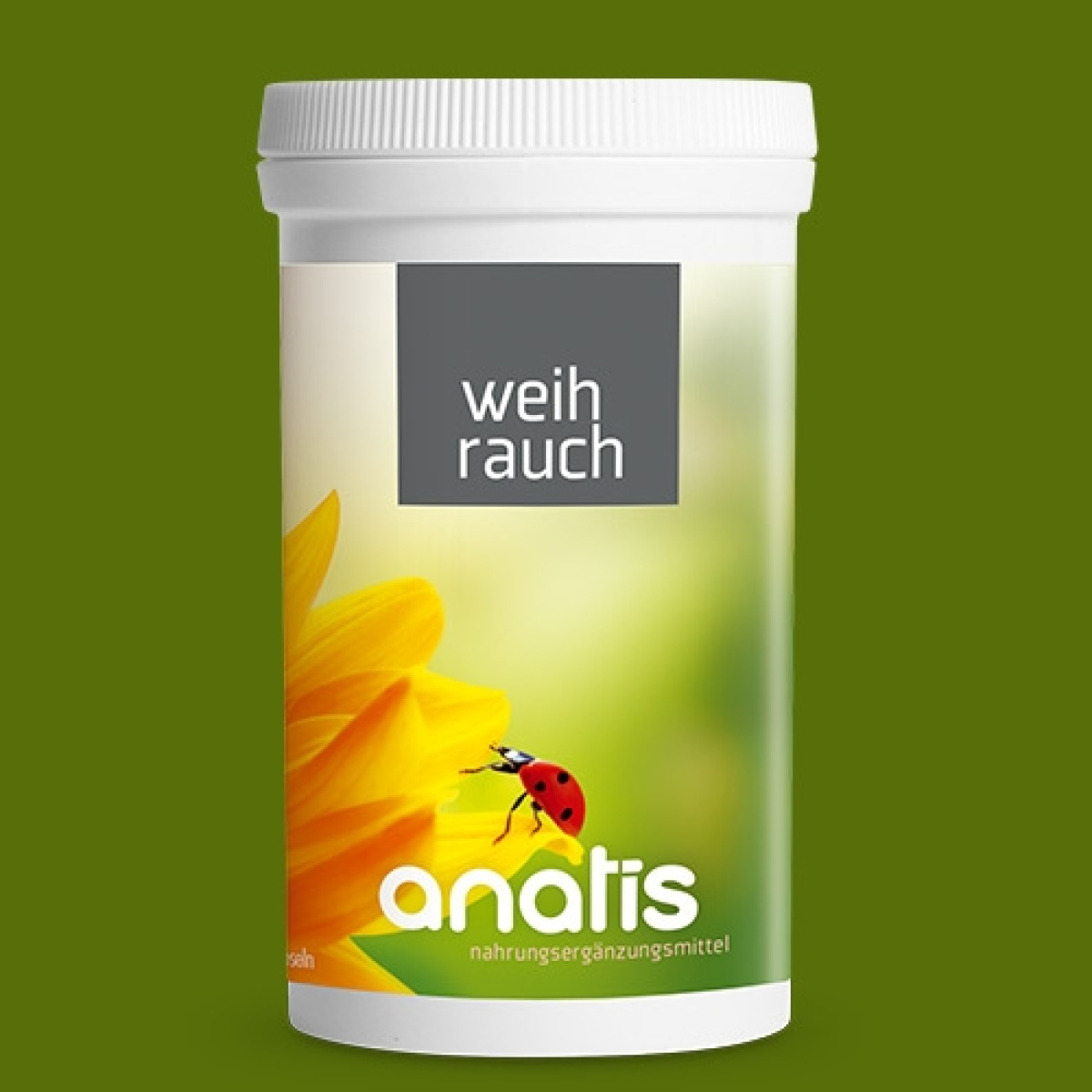 Weißer Zuckerrohr-Behälter mit gelbem und grünem Etikett für anatis Weihrauch Kapseln. Das Etikett zeigt eine gelbe Blüte und einen Marienkäfer, sowie den Text ‚Weihrauch‘ und den Markennamen ‚anatis‘.
