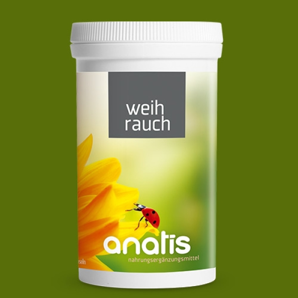 Weißer Zuckerrohr-Behälter mit gelbem und grünem Etikett für anatis Weihrauch Kapseln. Das Etikett zeigt eine gelbe Blüte und einen Marienkäfer, sowie den Text ‚Weihrauch‘ und den Markennamen ‚anatis‘.