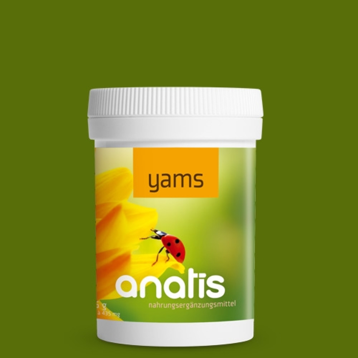Weißer Zuckerrohr-Behälter mit gelbem und grünem Etikett für anatis Yams Kapseln. Das Etikett zeigt eine gelbe Blüte und einen Marienkäfer, sowie den Text ‚Yams‘ und den Markennamen ‚anatis‘.