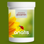Weiße Verpackung mit grün‑gelbem Etikett der Marke anatis, darauf der Produktname ‚Aminosäure Glutamin Pulver‘ in einem farbigen Feld, darunter eine gelbe Blüten‑Illustration mit einem Marienkäfer auf grünem Hintergrund.