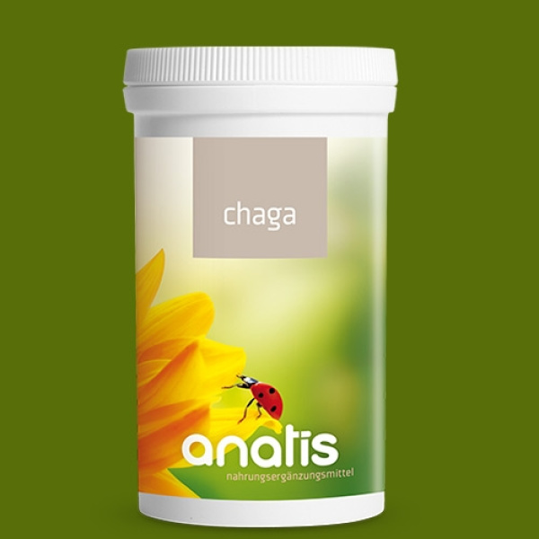 Weißer Zuckerrohr-Behälter mit gelbem und grünem Etikett für anatis Chaga BIO Kapseln. Auf dem Etikett sind eine gelbe Blüte und ein Marienkäfer abgebildet. Der Text ‚Chaga‘ und der Markenname ‚anatis‘ sind ebenfalls sichtbar.