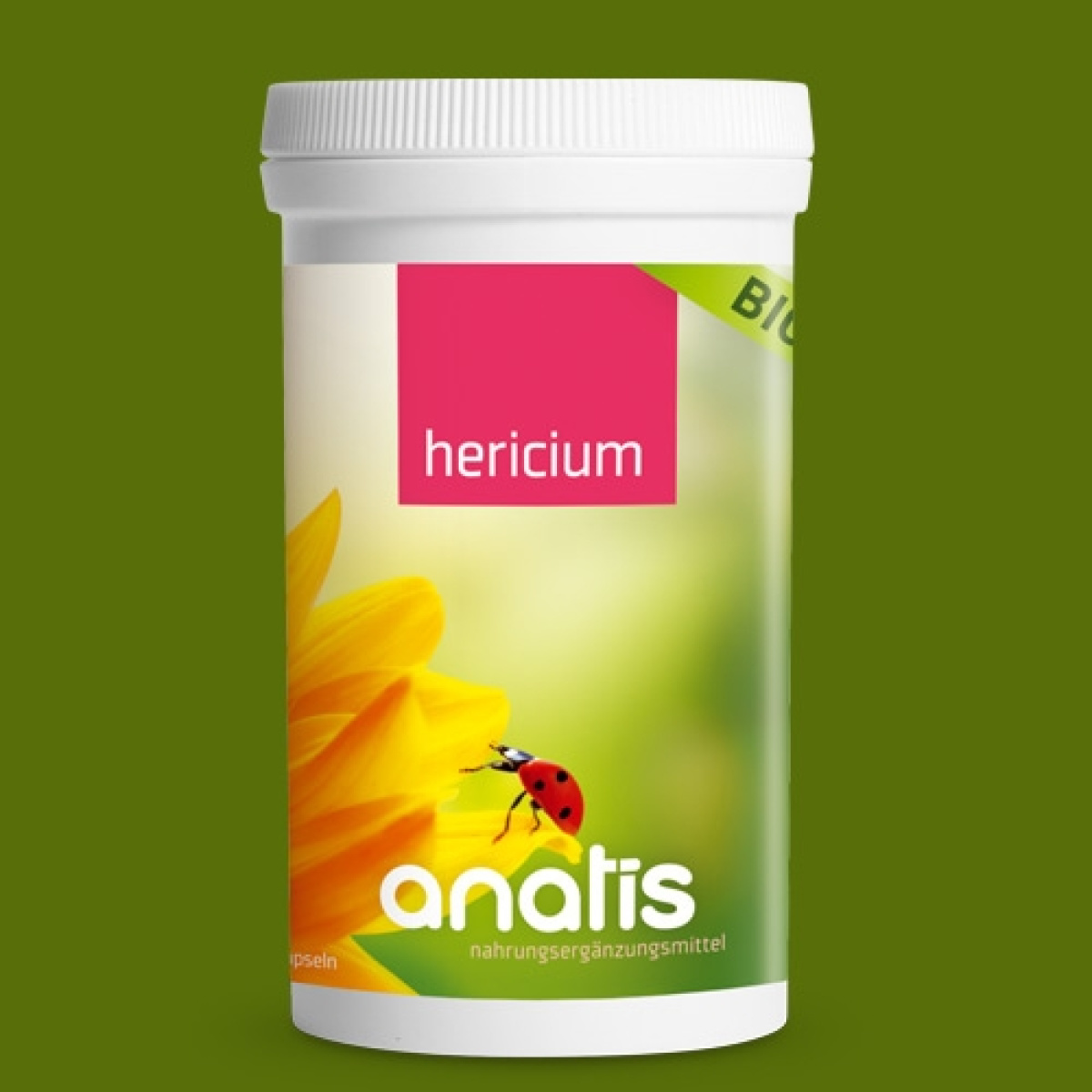 Dose mit Hericium Pilz BIO von Anatis. Die Dose zeigt das Etikett mit dem Produktnamen, dem BIO-Siegel und der Markenbezeichnung Anatis.