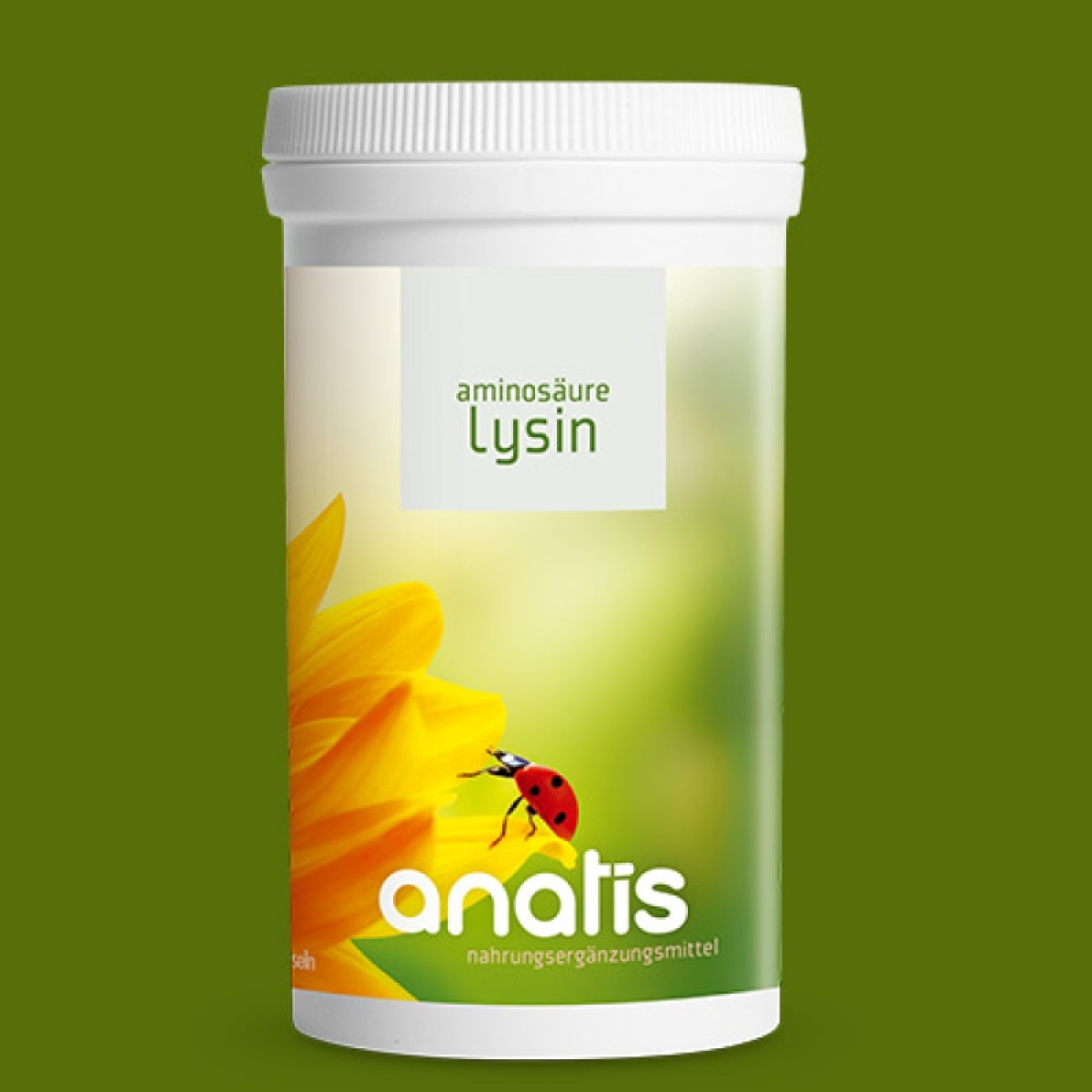 Weiße Zuckerrohr‑Dose mit grün‑gelbem Etikett der Marke anatis, oben ein rotes Feld mit weißem Text ‚aminosäure lysin‘, darunter eine gelbe Blumen‑Illustration mit einem Marienkäfer auf grünem Hintergrund.