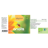 Etikett der Verpackung eines anatis Bio‑Nahrungsergänzungsmittels mit grün‑gelbem Farbschema, Produktnamen, Markenschriftzug, grafischen Elementen wie einer Blume und einem Marienkäfer sowie Angaben zu Inhaltsstoffen und Bio‑Siegeln