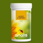 Weißer Zuckerrohr-Behälter mit gelbem und grünem Etikett für anatis Reishi 4 Sorten BIO Kapseln, darauf eine gelbe Blüte und ein Marienkäfer, Text ‚reishi 4 sorten‘ und Markenname anatis