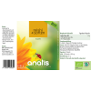Etikett der Verpackung von anatis Reishi 4 Sorten BIO Kapseln mit gelbem Hintergrund, grünem BIO-Banner, Produktnamen ‚reishi 4 sorten‘, Sonnenblume, Marienkäfer, Angaben zu Inhaltsstoffen und Einnahmeempfehlung sowie Bio-Siegeln