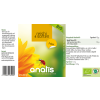 Verpackungsetikett von Anatis Reishi 4 Sorten Bio-Pulver, mit gelber Blüte, grünem Bio-Banner, Textangaben zu Inhaltsstoffen und Anwendung sowie einem Marienkäfer auf dem Vordergrund