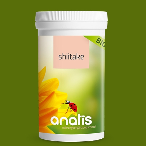 Produktabbildung von Shiitake‑Pilzpulver oder -kapseln, präsentiert in einer Dose oder Verpackung mit einem Etikett.