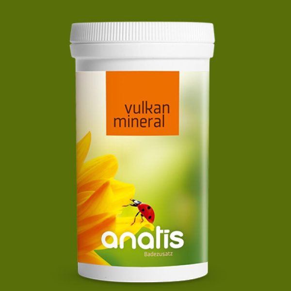 Weiße Dose des anatis Vulkan Mineral Badezusatzes mit grün‑gelbem Hintergrund, auf dem Etikett oben ein orangefarbenes Quadrat mit dem Text ‚vulkan mineral‘ und darunter das anatis‑Logo mit Marienkäfer sowie eine gelbe Blüten‑ oder Pflanzenabbildung.