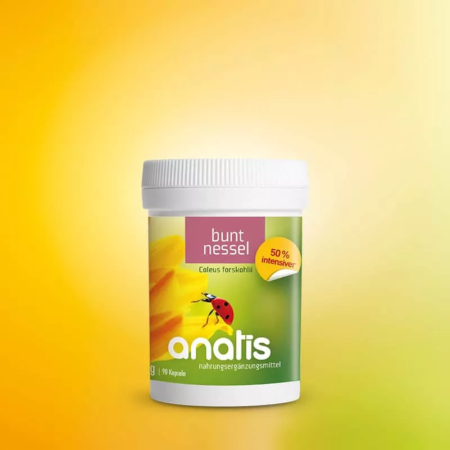 Dose mit anatis Buntnessel – Nahrungsergänzungsmittel mit Buntnessel- (Coleus forskohlii) und Curcuma-Extrakt, weißer Schraubdeckel, grün-gelbes Etikett mit Marienkäfer-Motiv und der Aufschrift ‚buntnessel‘, 90 Kapseln.
